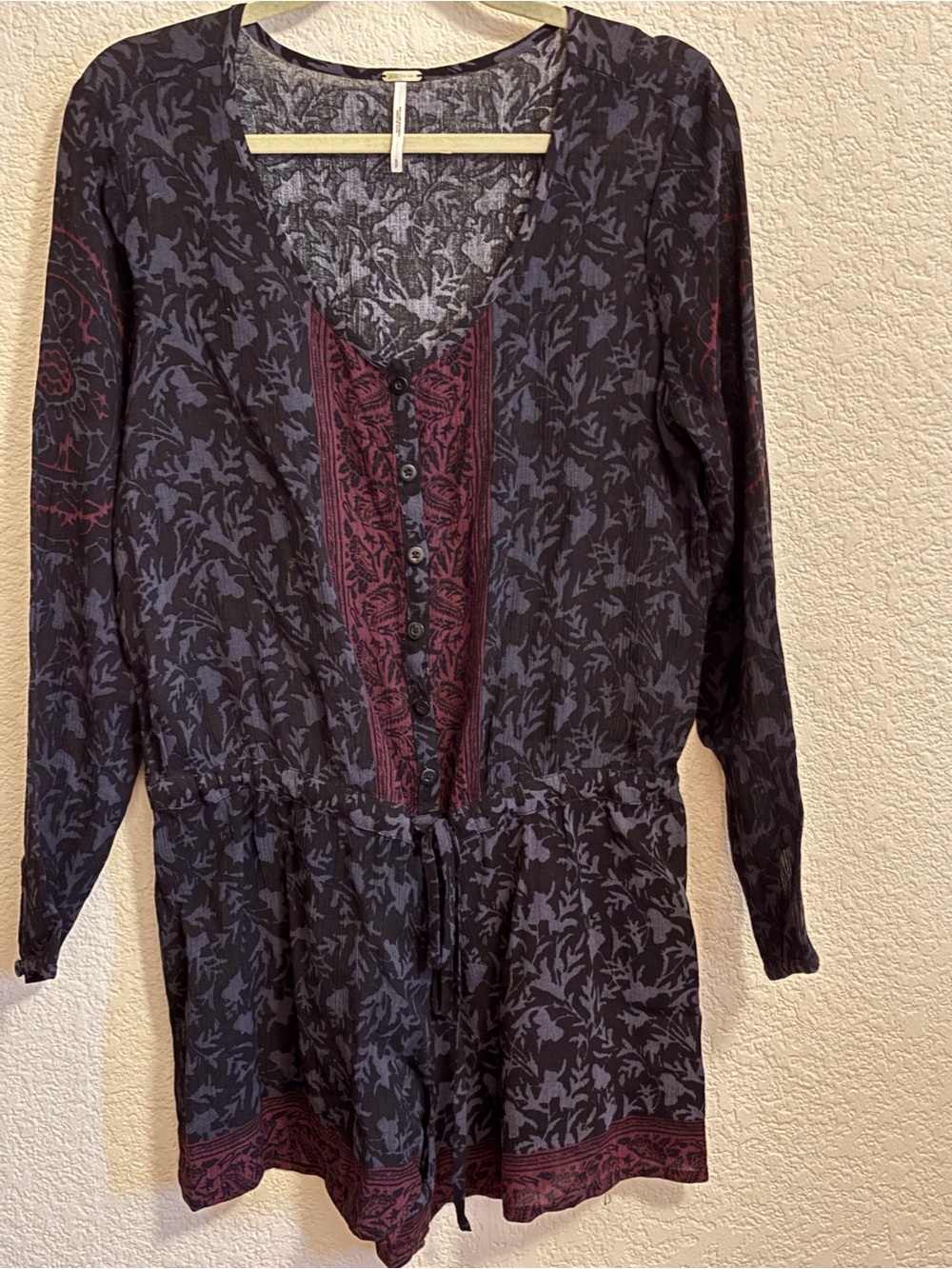 Free People Navy and Burgundy Printed Long-Sleeve Romper